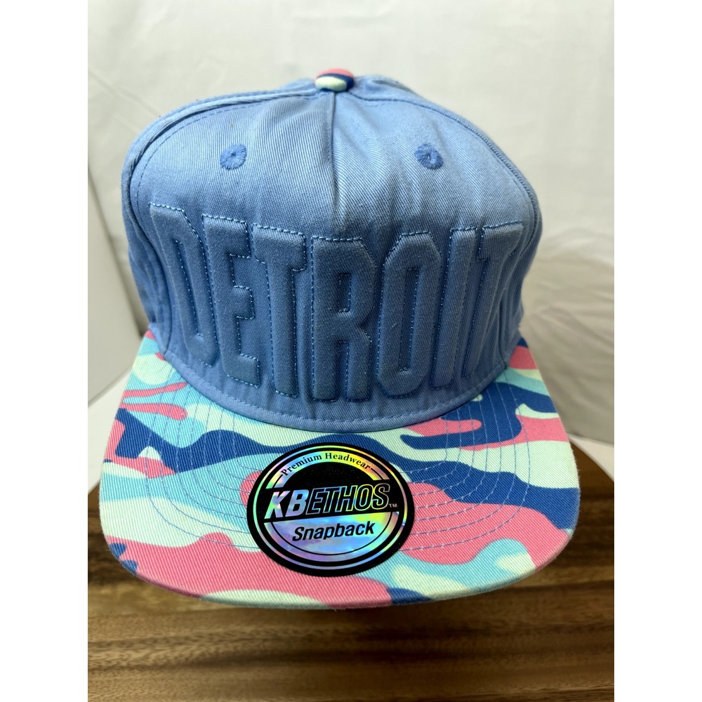 Detroit Style Hat Cap puffy spell out Snapback Blue Paint Spill Pink Blue